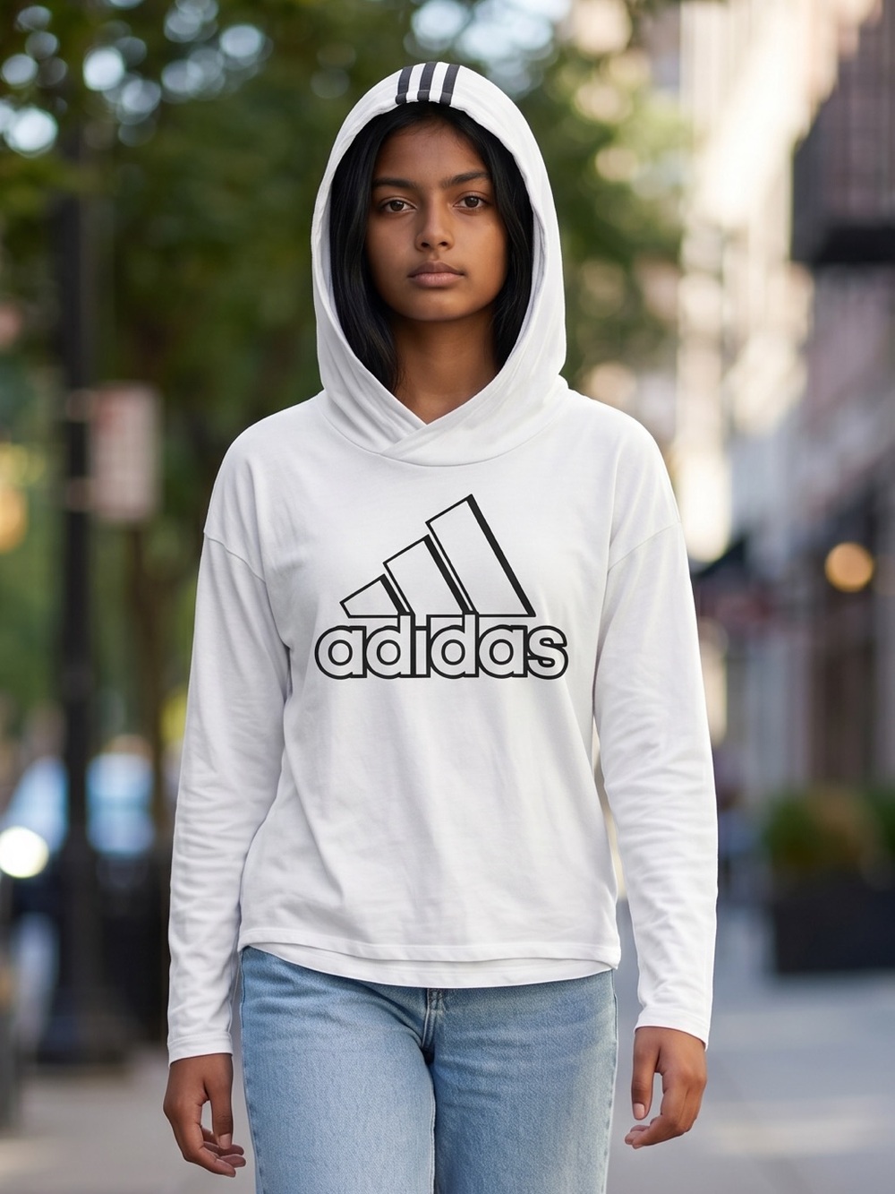 adidas White Pullover Hoodie with Black Logo Stripes